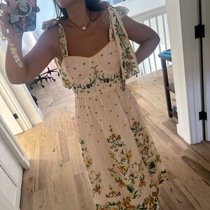 FARM Rio Pink Botanical Beauty Shoulder Bow Midi Dress Size Medium